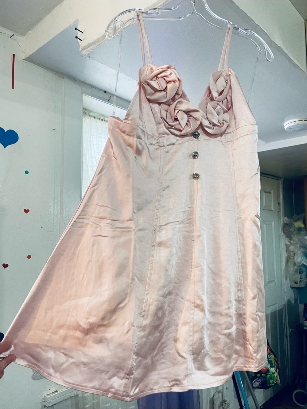 Pink Satin Slip Dress with Rosette Bust